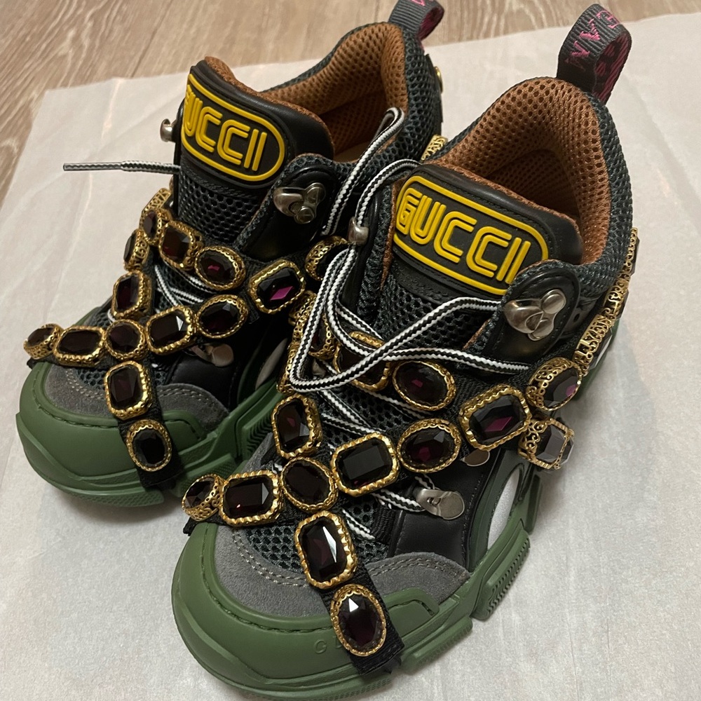 NEW GUCCI FLASHTREK SNEAKERS CRYSTALS, SIZE 34.5, US 5, 100% AUTHENTIC